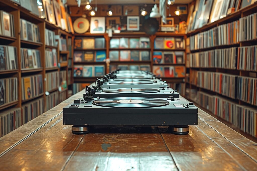 Vinyl record players in a vinyl record shop.