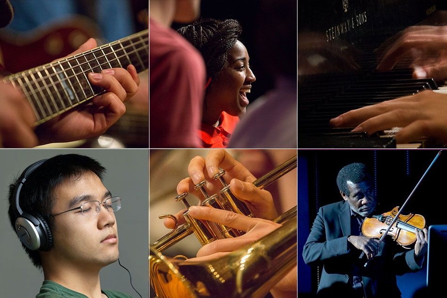 Collage of various musicians playing, producing, and listening to music.