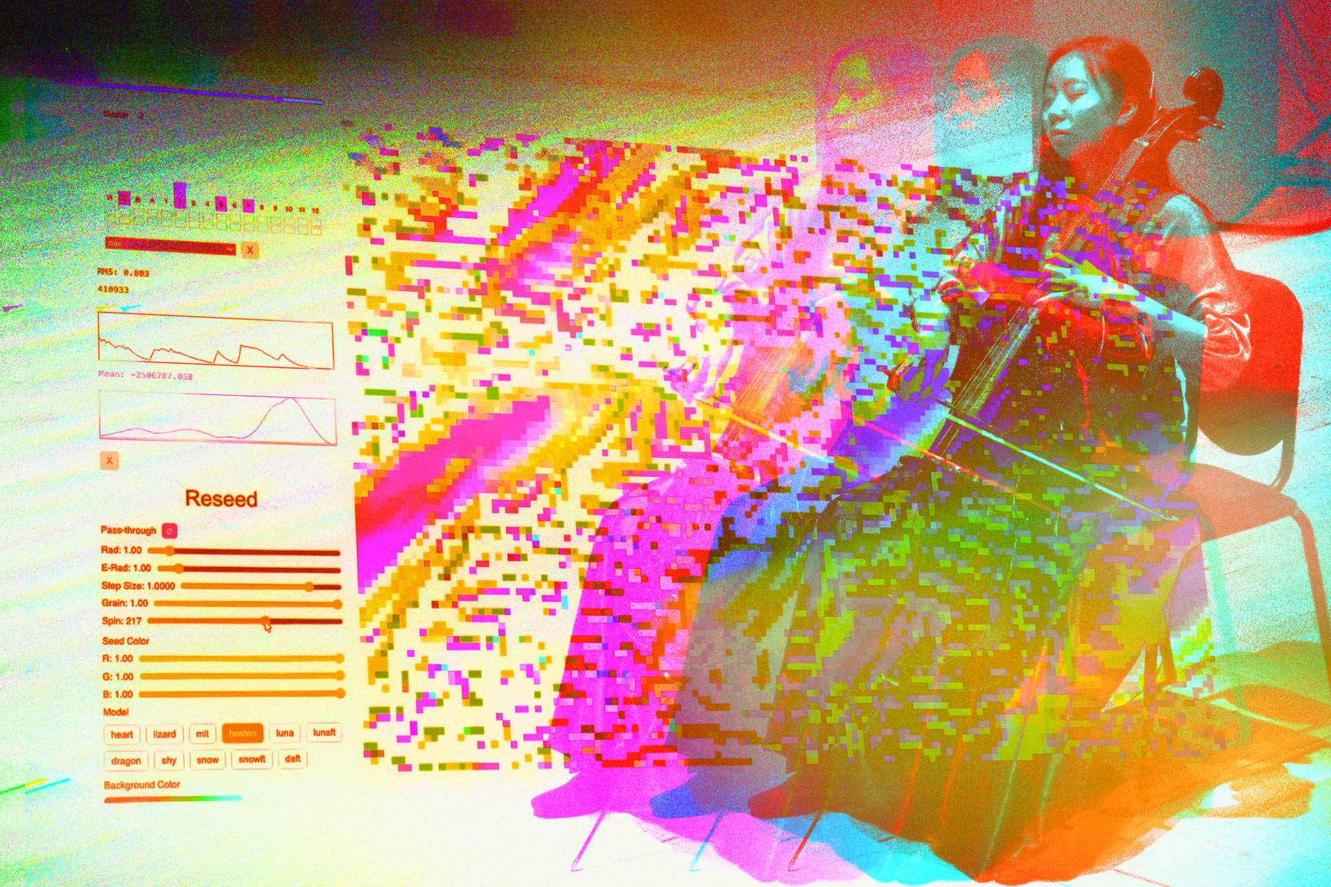 Anaglyph composite of technical research overlaid upon a musician playing an instrument.