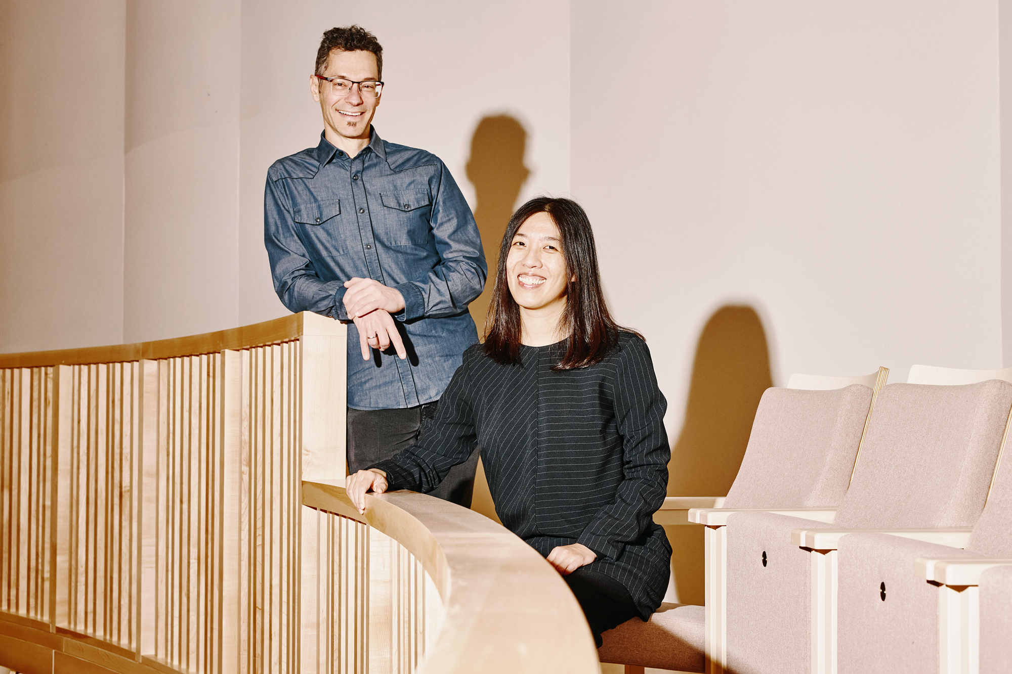 Eran Egozy and Anna Huang in the Thomas Tull Concert Hall.