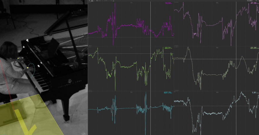 Student playing a piano next to various chart readings.